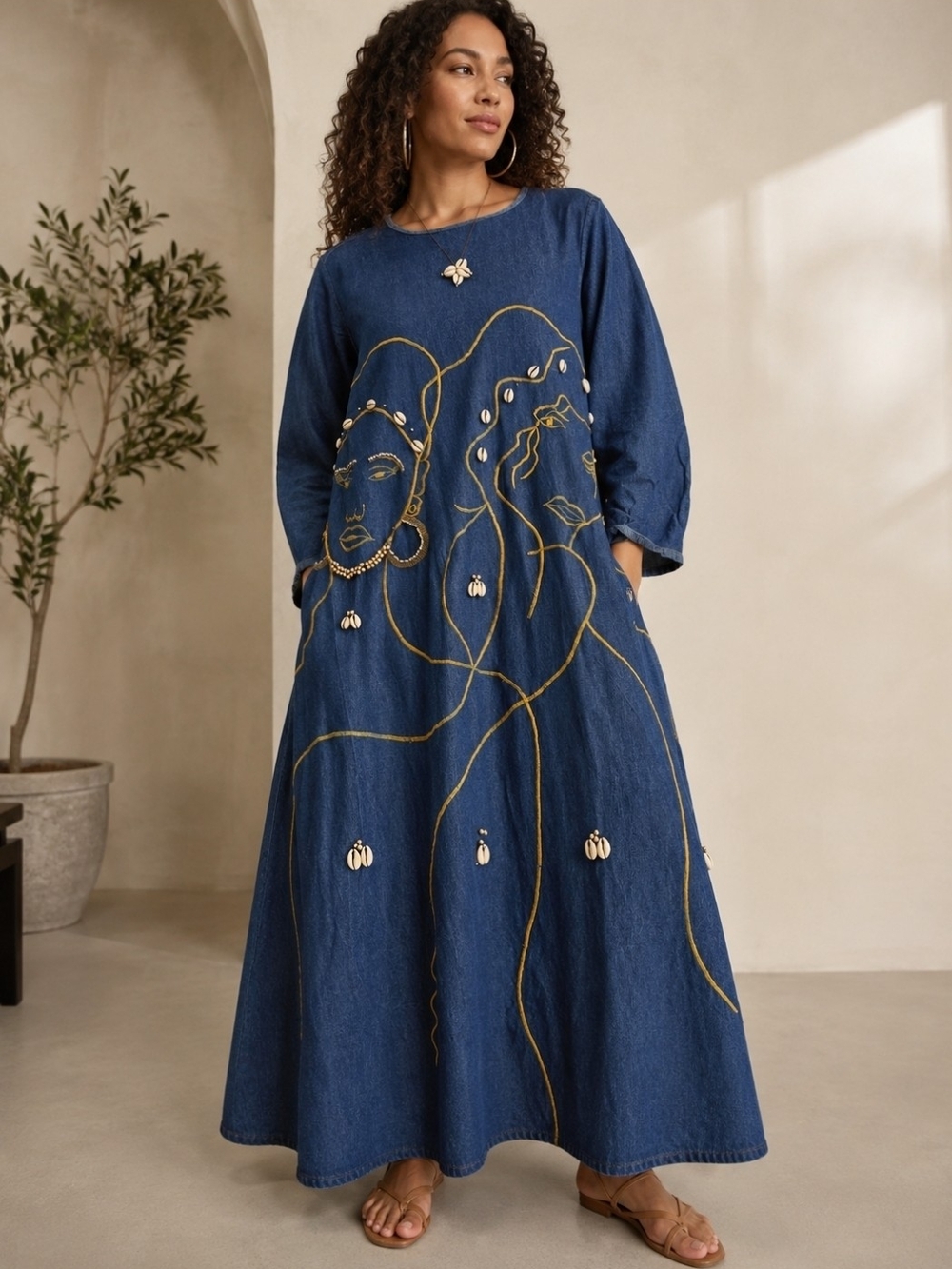 Blue Embroidered Denim Maxi Dress with Artistic Linework